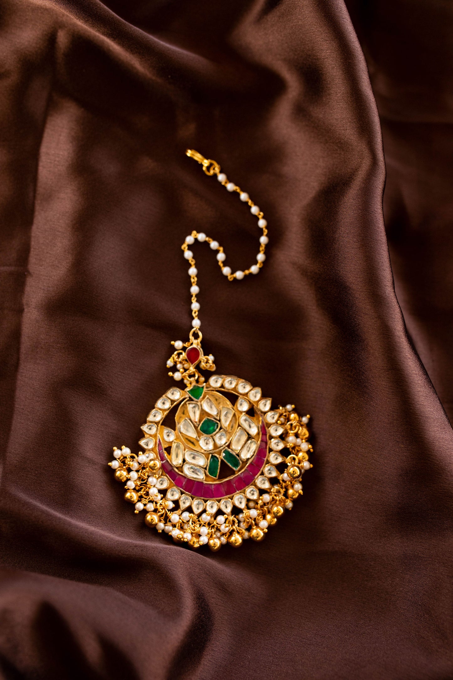 Jadau Stone Statement Tikka with pearl & gold hangings & Single Layer - White, Green Red