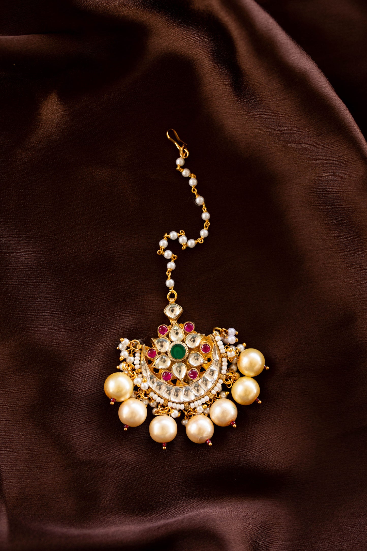 Jadau Stone half moon Tikka With big pearl hangings & Single Layer - White, Green Red