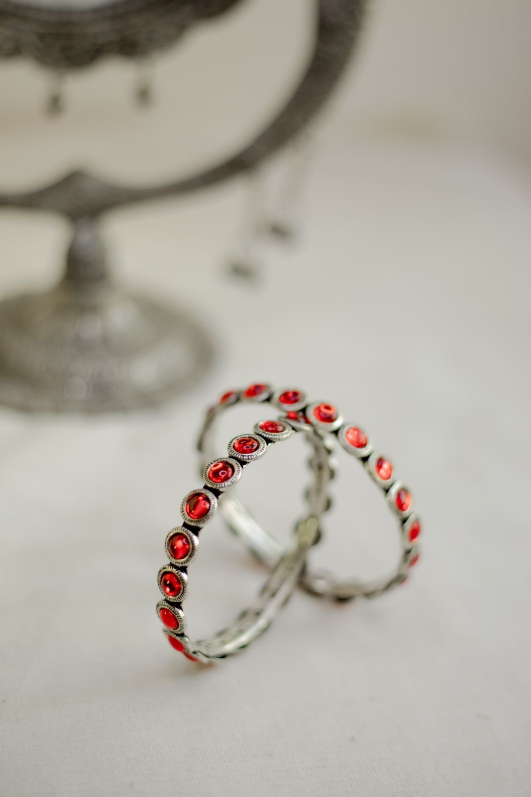 Silver finish stone bangles - Red (PAIR)