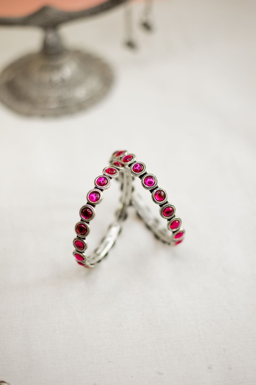 Silver finish stone bangles - Pink (PAIR)