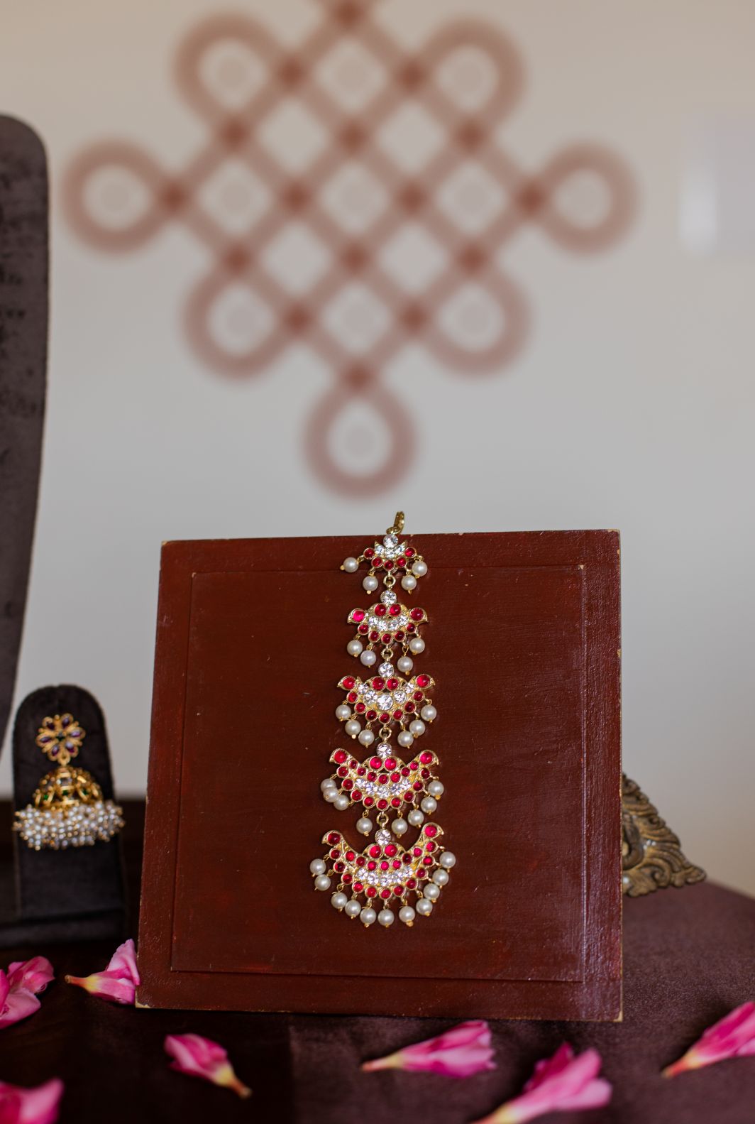 Semi Precious Kemp Tikka - Multi Layered Half moon - Red & White