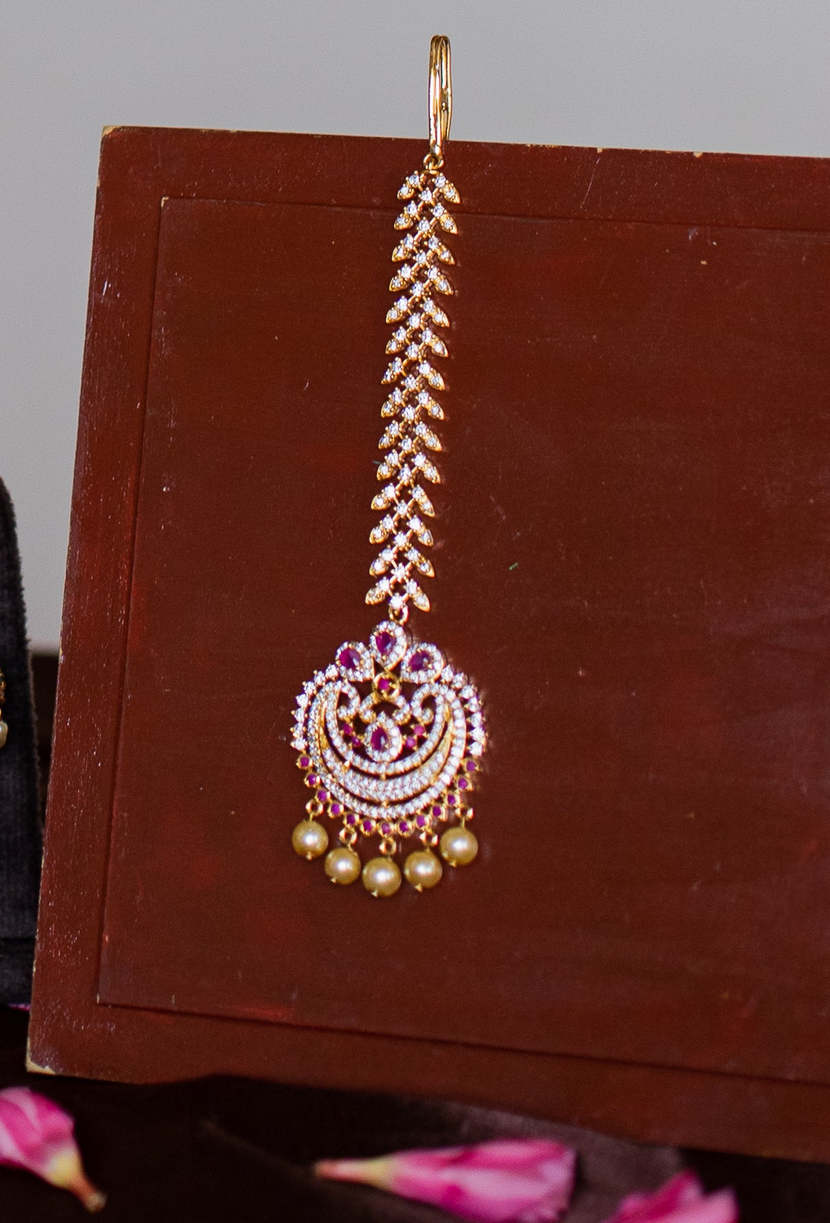 Gold Finish Tikka Half moon flower with rain drops Pendant -Ruby