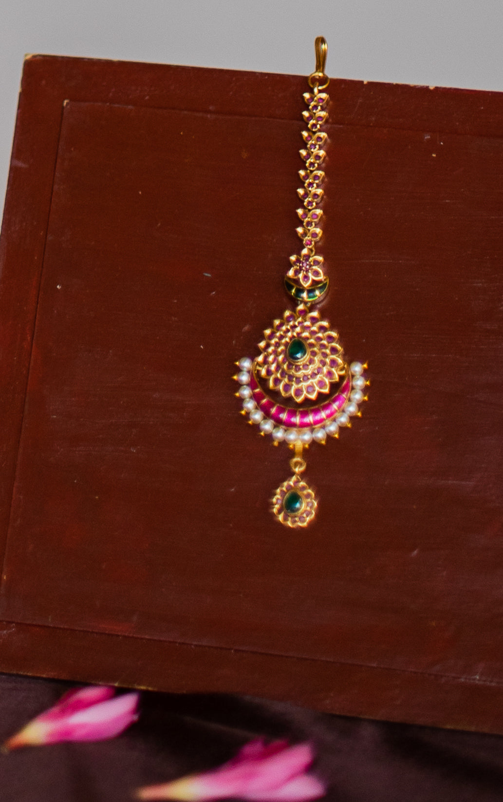 Matte Finish Twin Drops Enamel Half Moon pendant -Red& Pearl