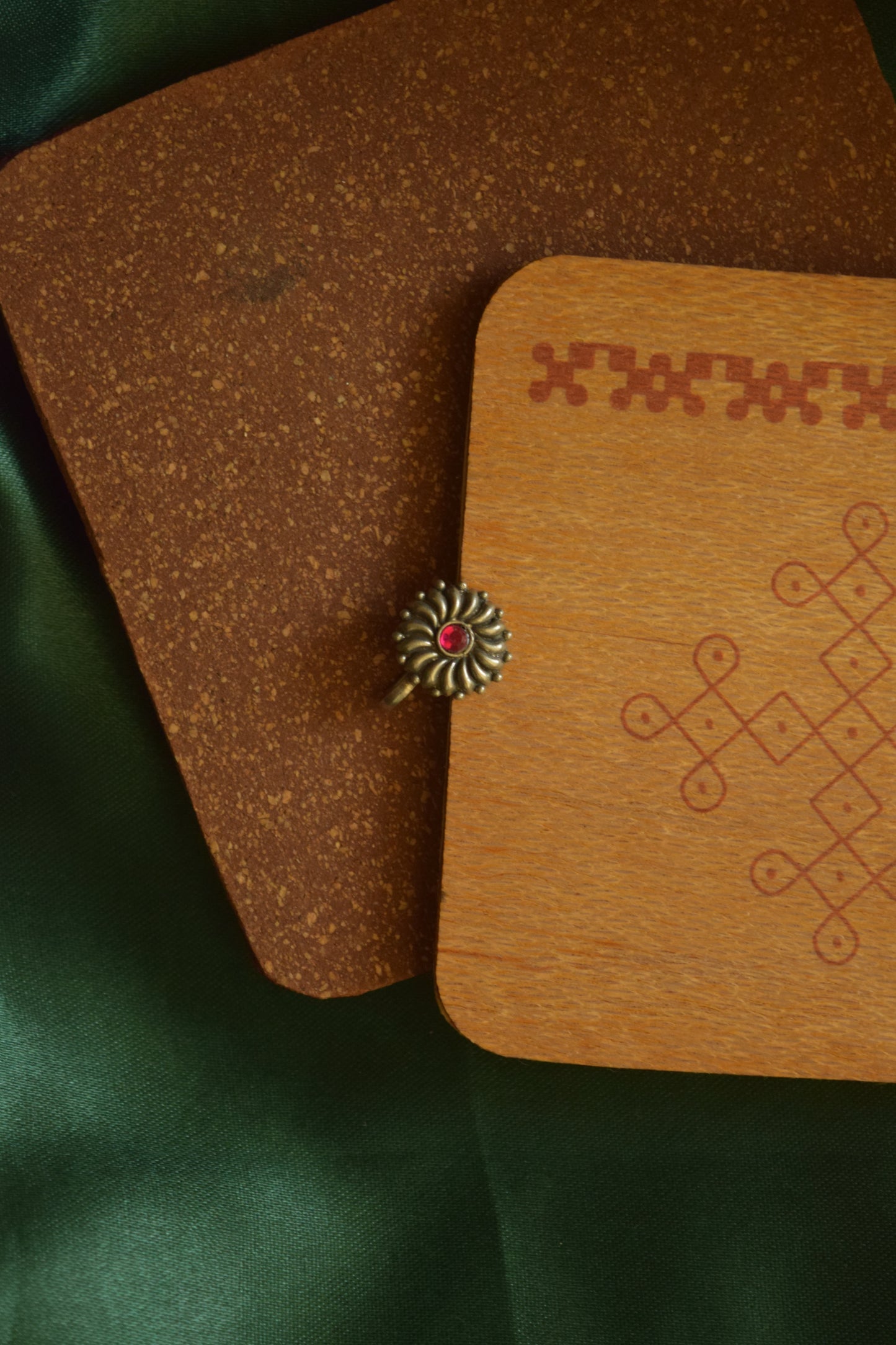 Silver finish nose pin carved flowered- red stone- Clip On