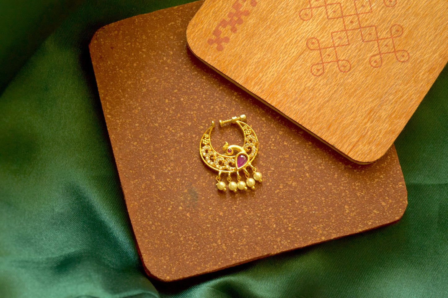 Gold finish AD medium size Nath - Peacock Model 1 with pearl hangings