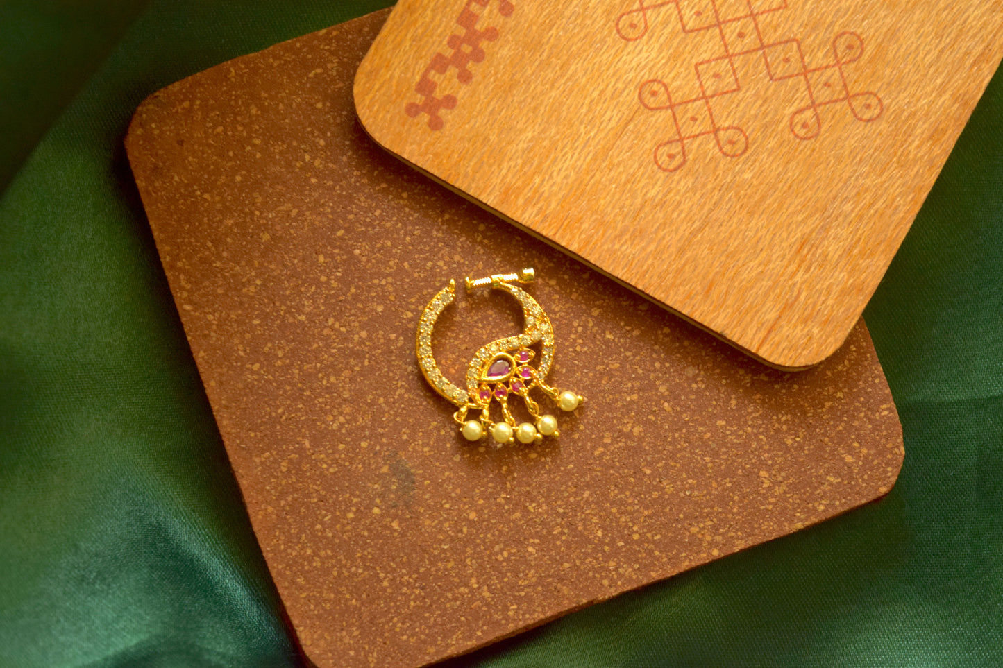 Gold finish AD medium size Nath - Peacock Model 2 with pearl hangings