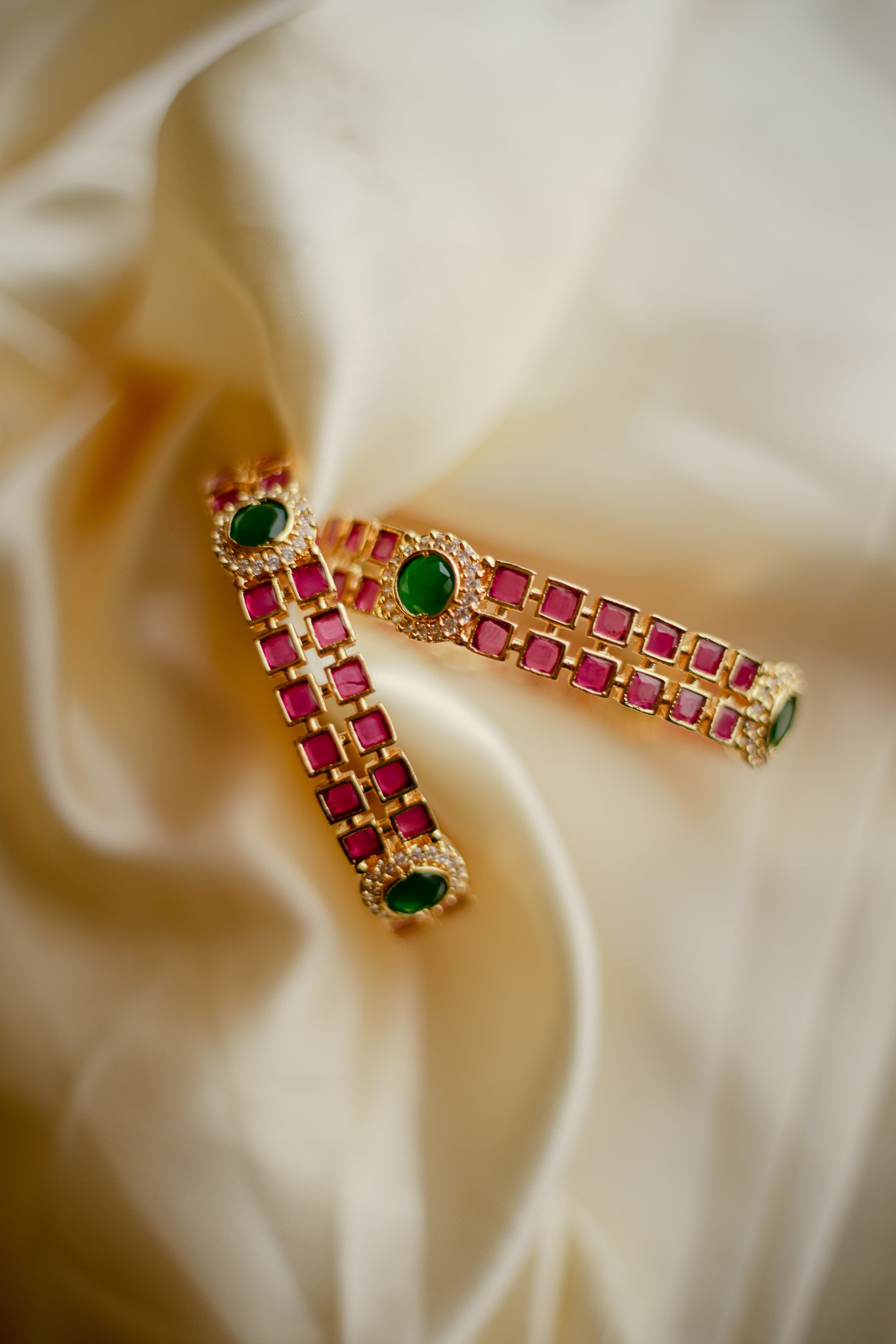 Matte Finish 2 layer square Ruby stone with flower mugappu bangle #9C