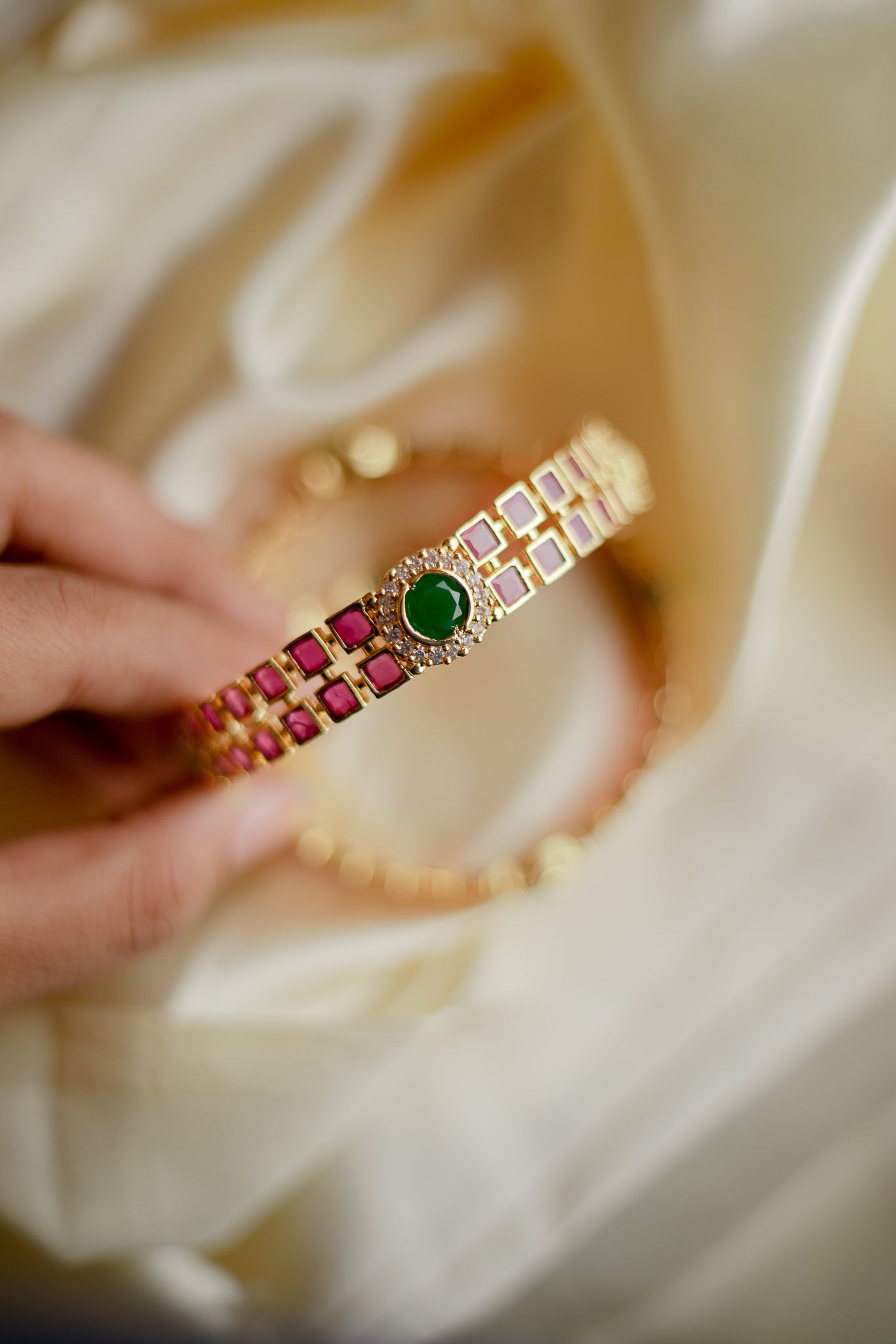 Matte Finish 2 layer square Ruby stone with flower mugappu bangle #9C