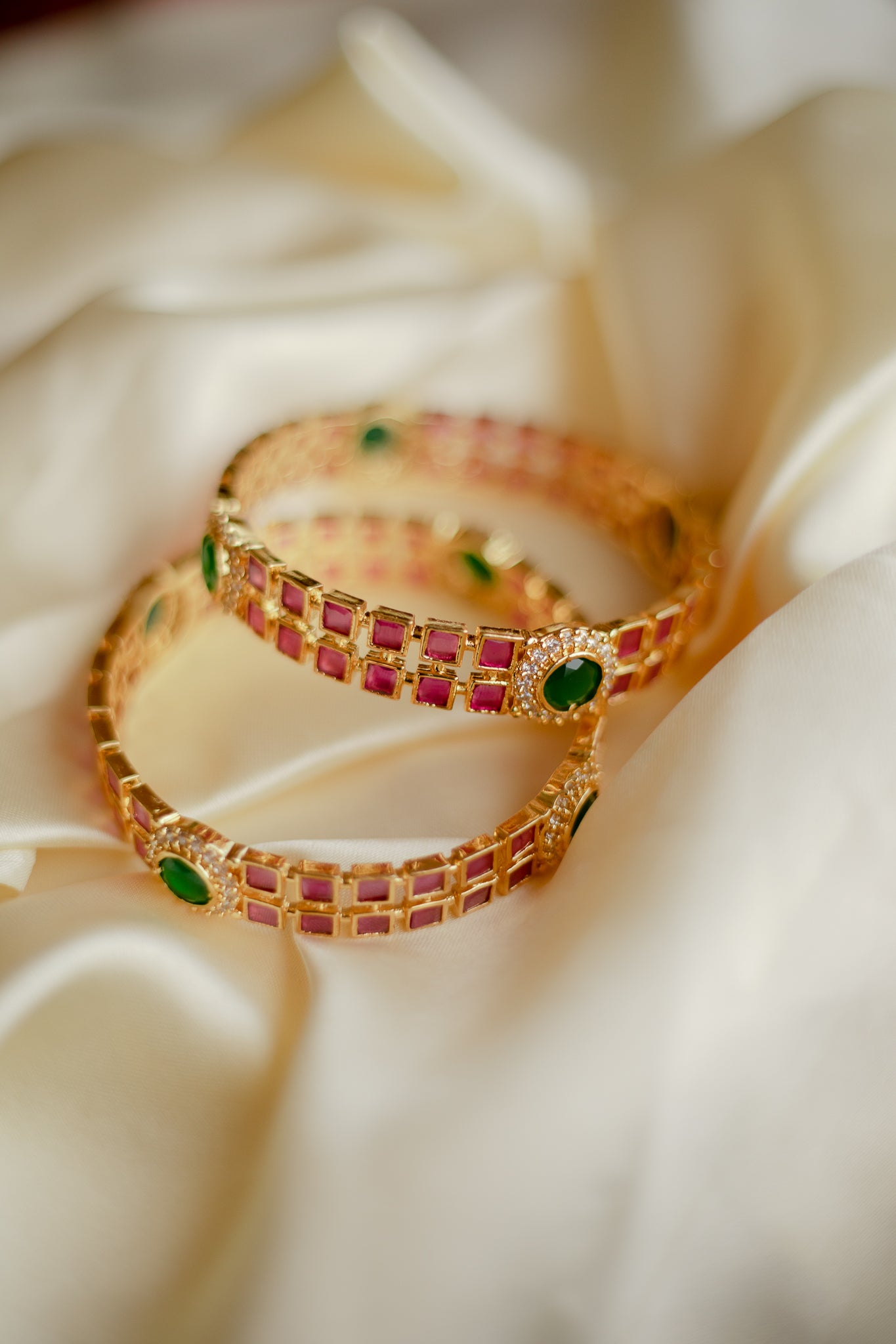 Matte Finish 2 layer square Ruby stone with flower mugappu bangle #9C