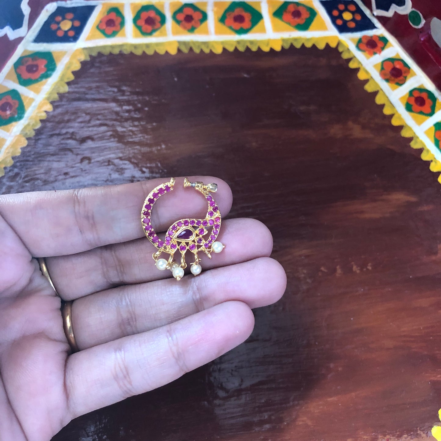 Gold finish AD medium size Nath - Peacock Model 2 with pearl hangings