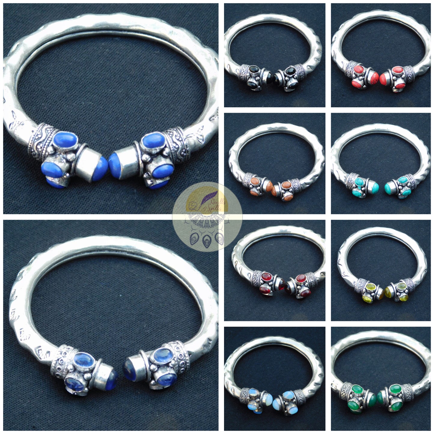 Silver finish Adjustable Kada bangle with 3 oval stone mugappu #16C