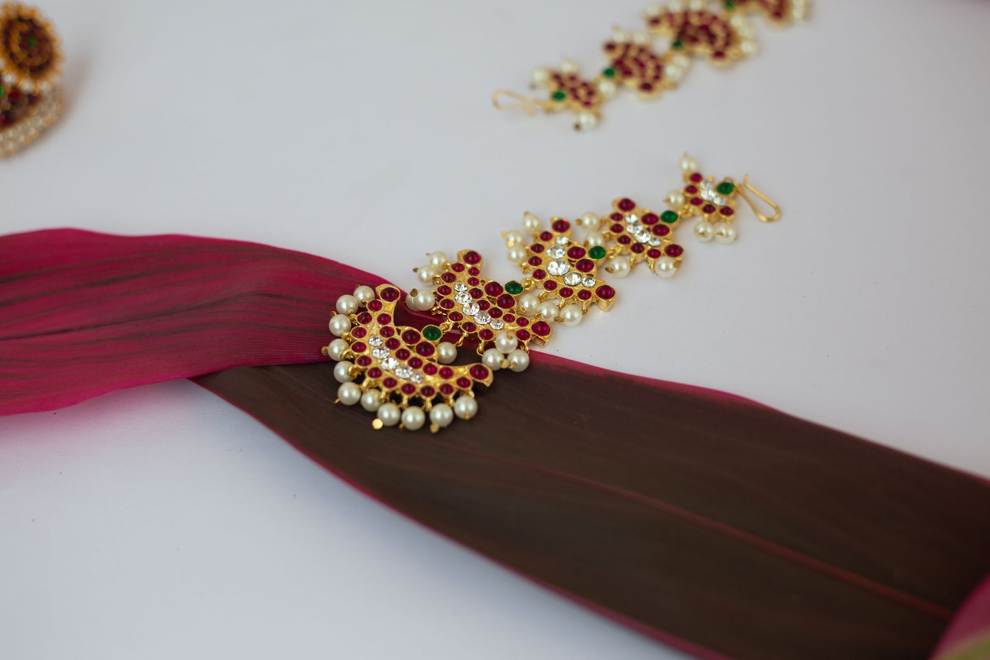 Semi Precious Kemp Tikka - Multi Layered Half moon - Red & Green