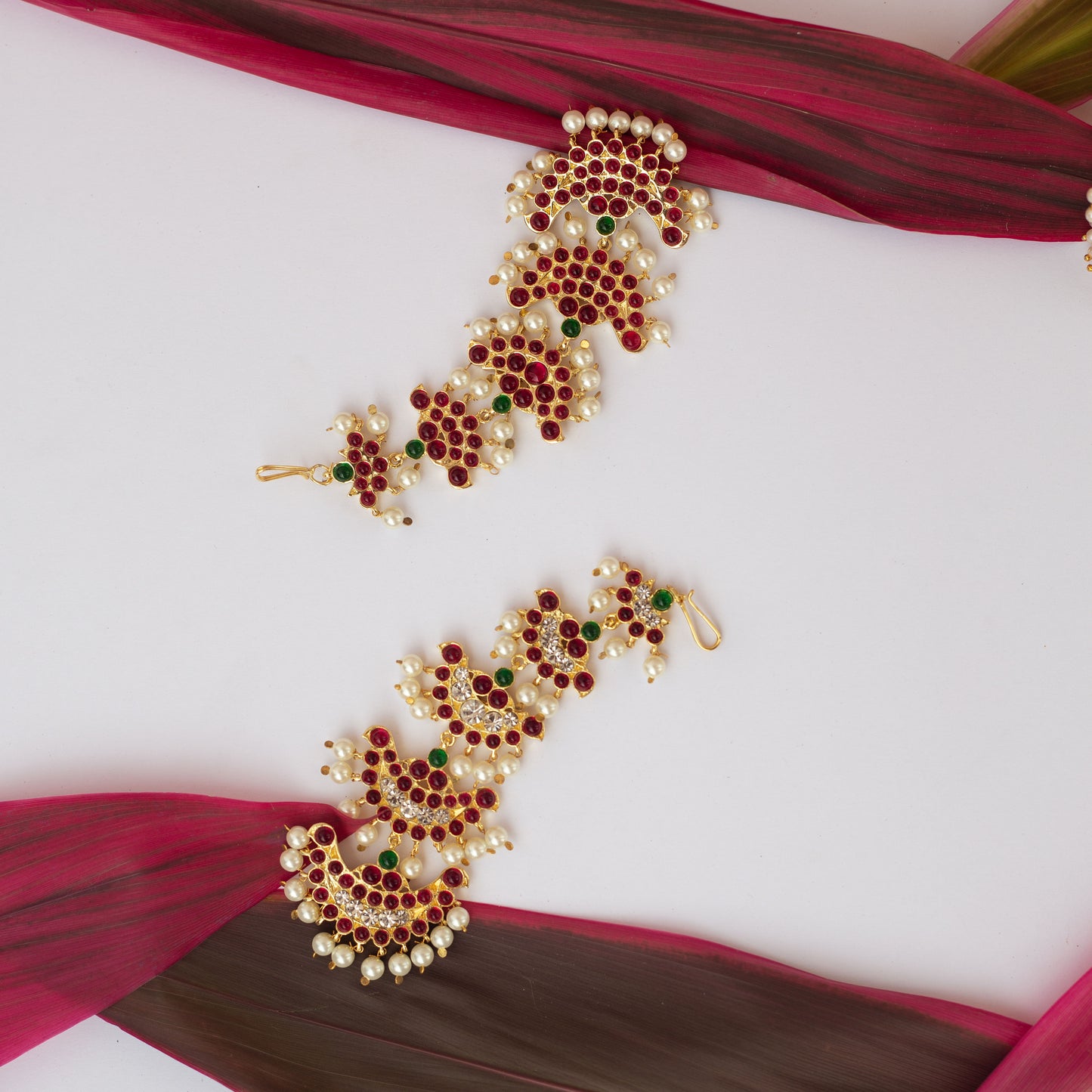 Semi Precious Kemp Tikka - Multi Layered Half moon - Red & Green