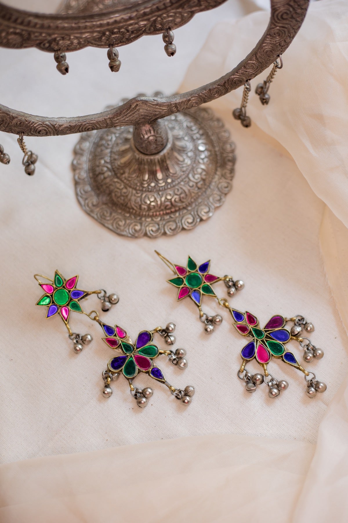 Gold Finish flower stud with hangings-12(B)