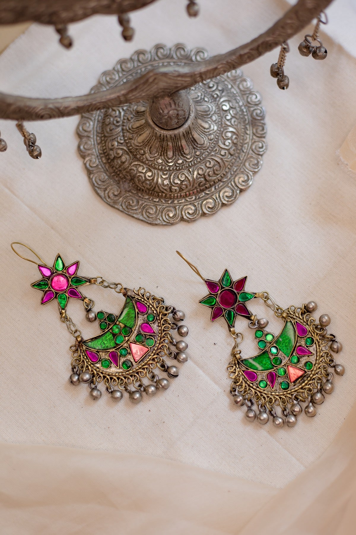 Silver Finish flower Chandbali - Multicolour