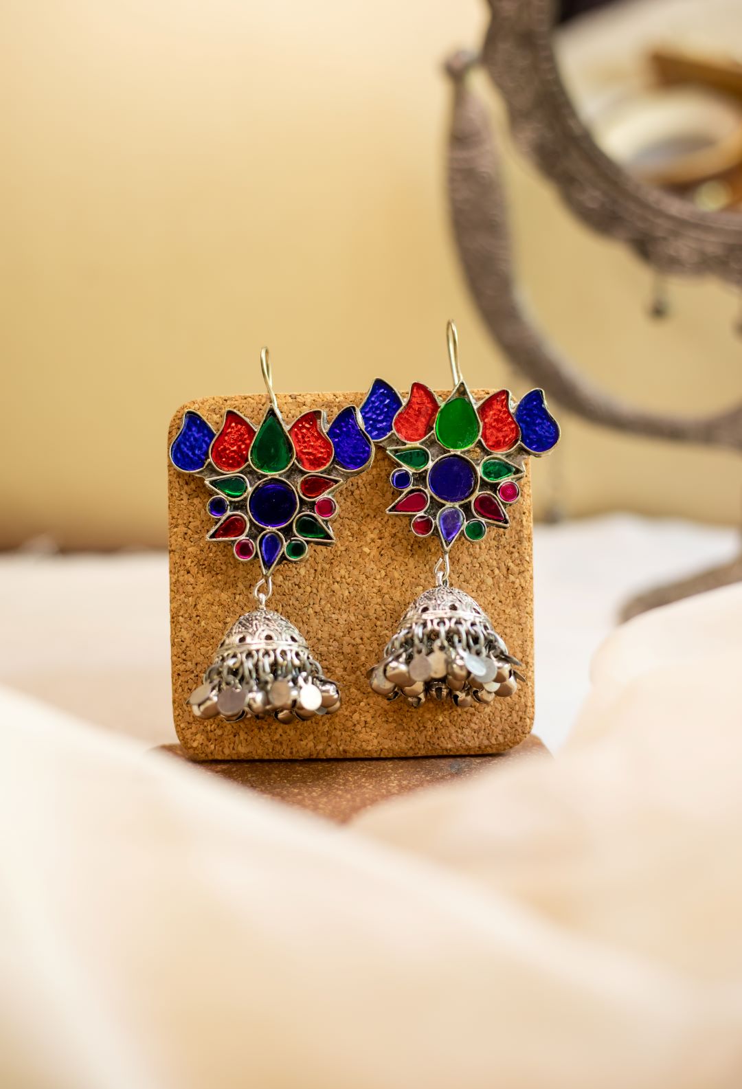 Silver Finish Lotus hook drop jhumkas-22(B)