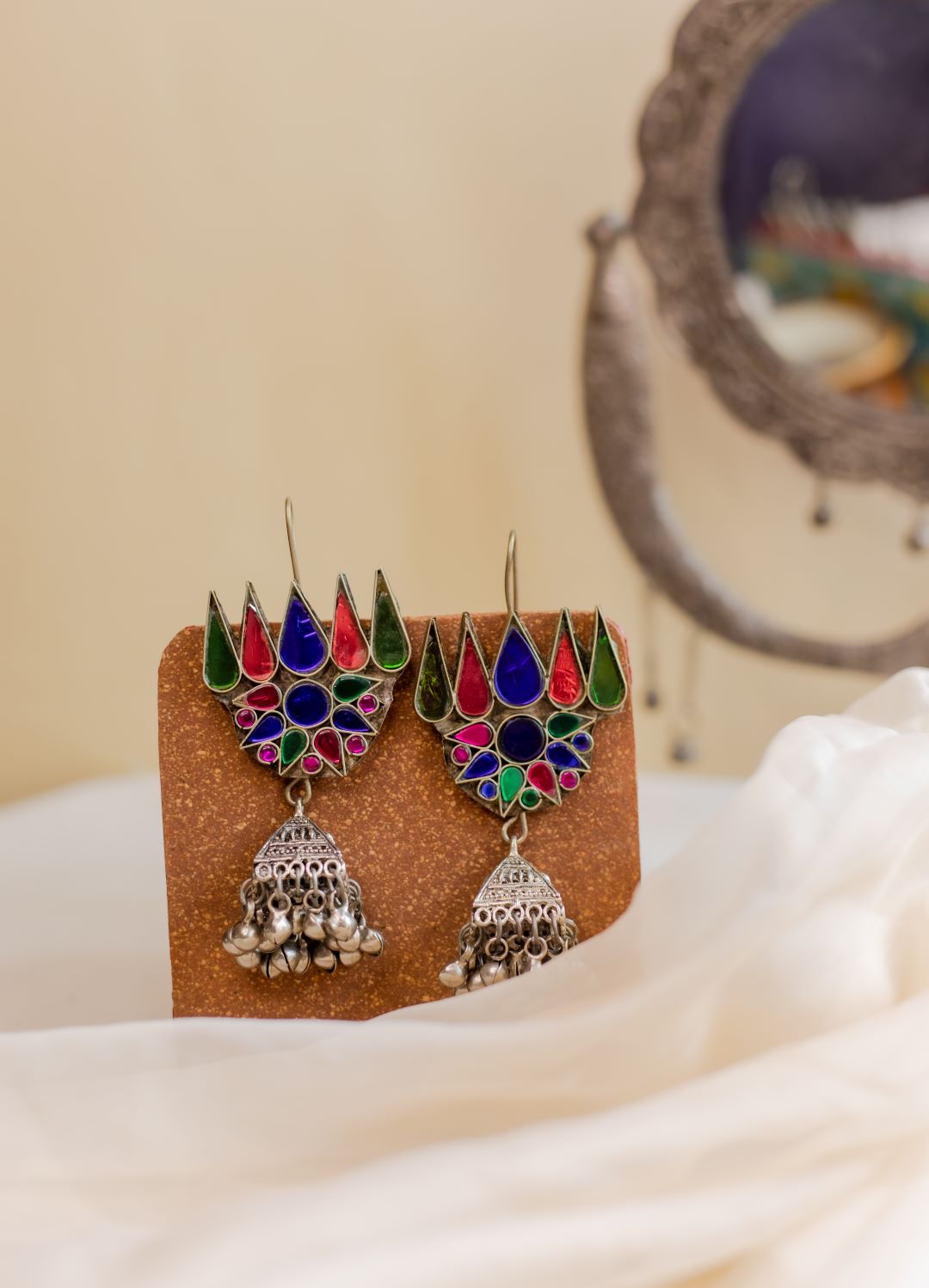 Silver Finish Lotus hook drop with Square jhumkas