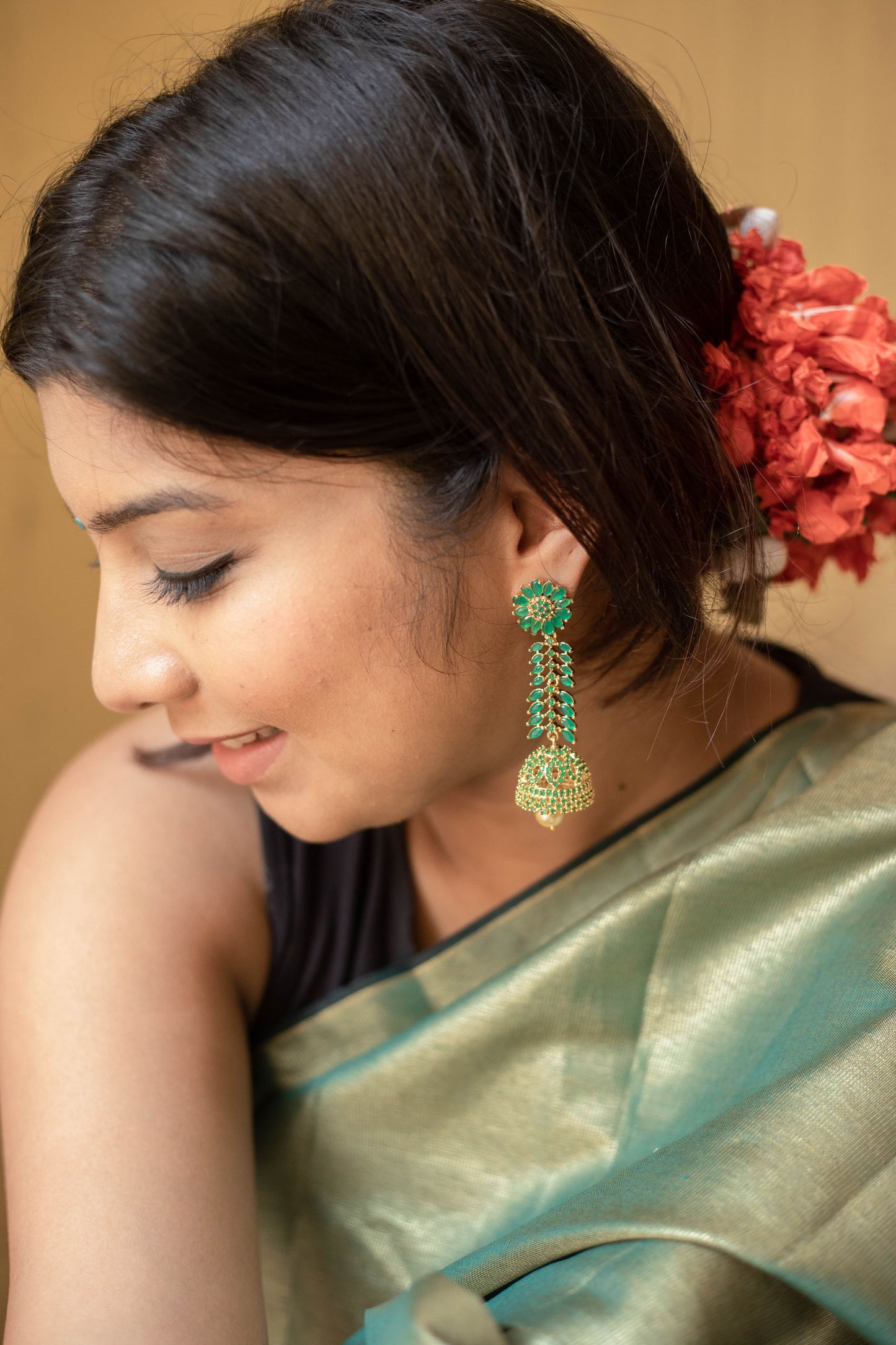 Gold finish-long flower jhumka -1 (A)