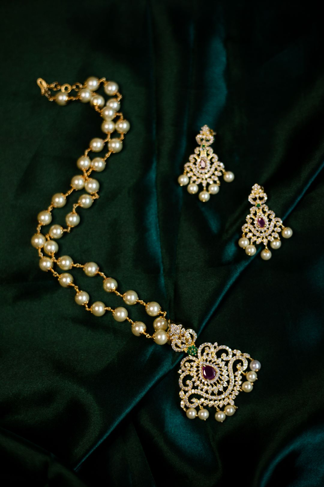 Long Pearl Mala with AD flower pendant with stud -Red, Green & White