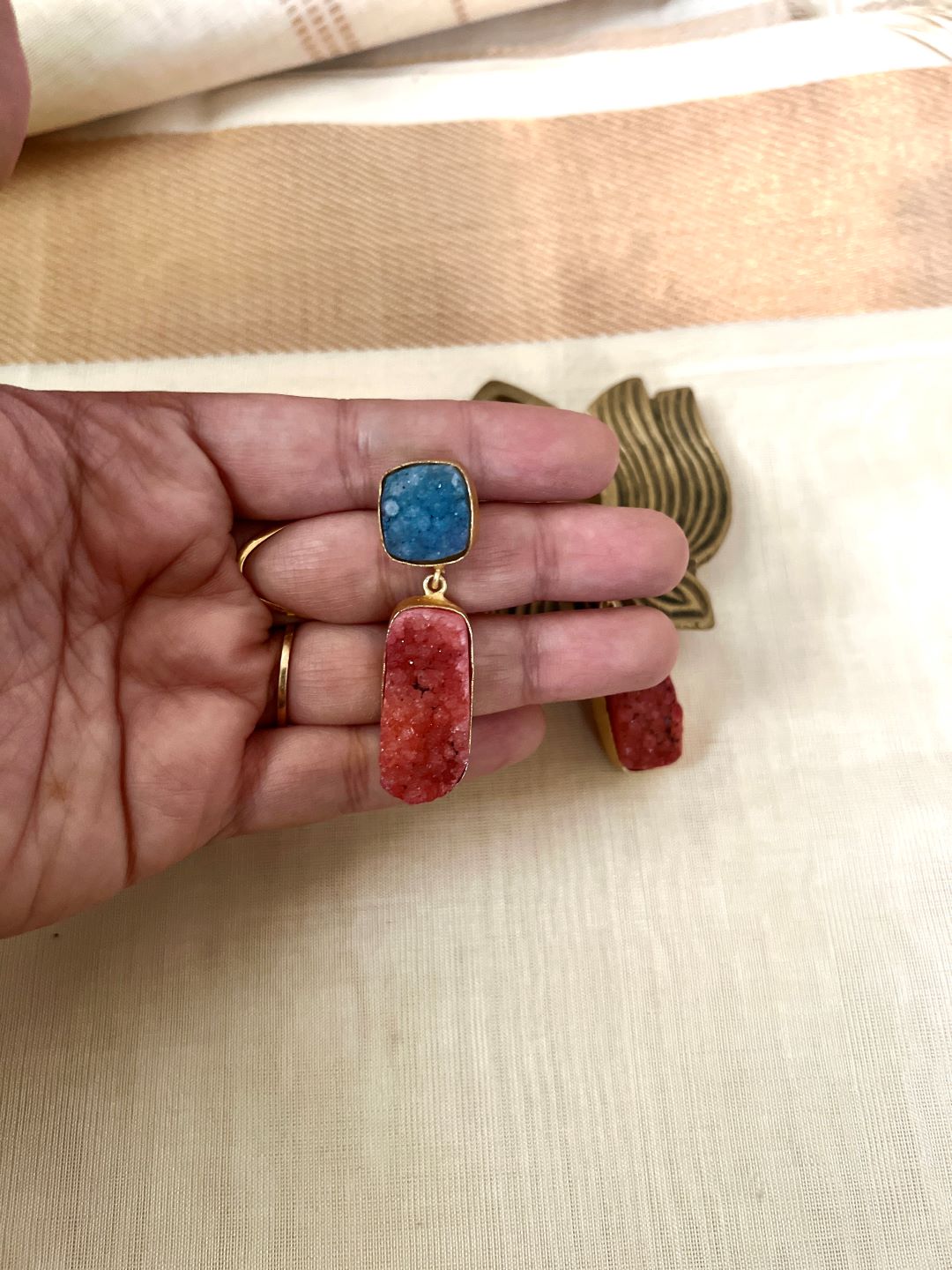 Square type drop earrings - Light Cobalt Blue & Dark Orange