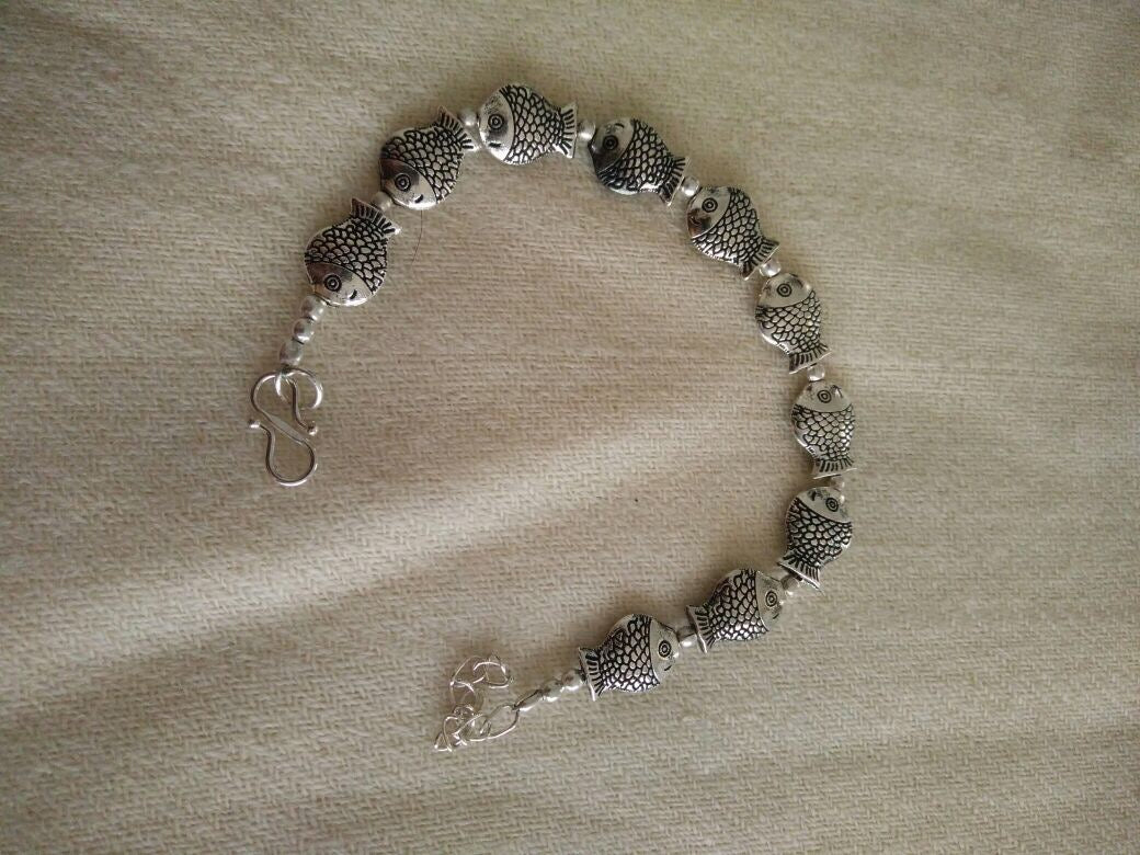 Silver finish sequence fish tiny beads anklet