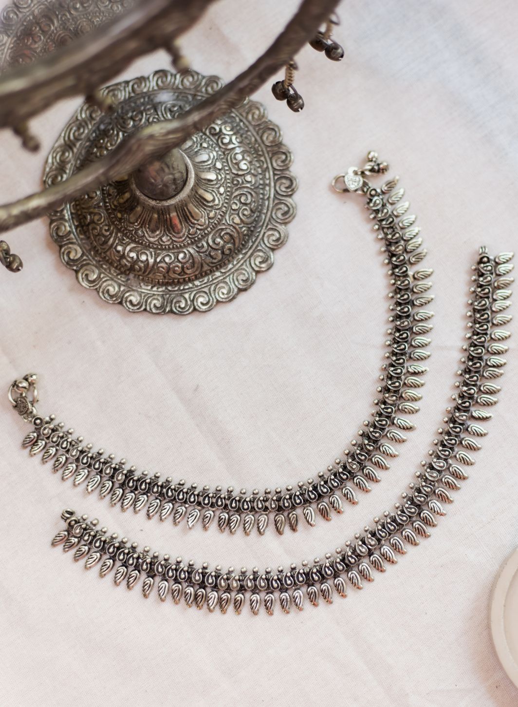 Silver Finish tiny Mango motifs with feather droplets (PAIR)