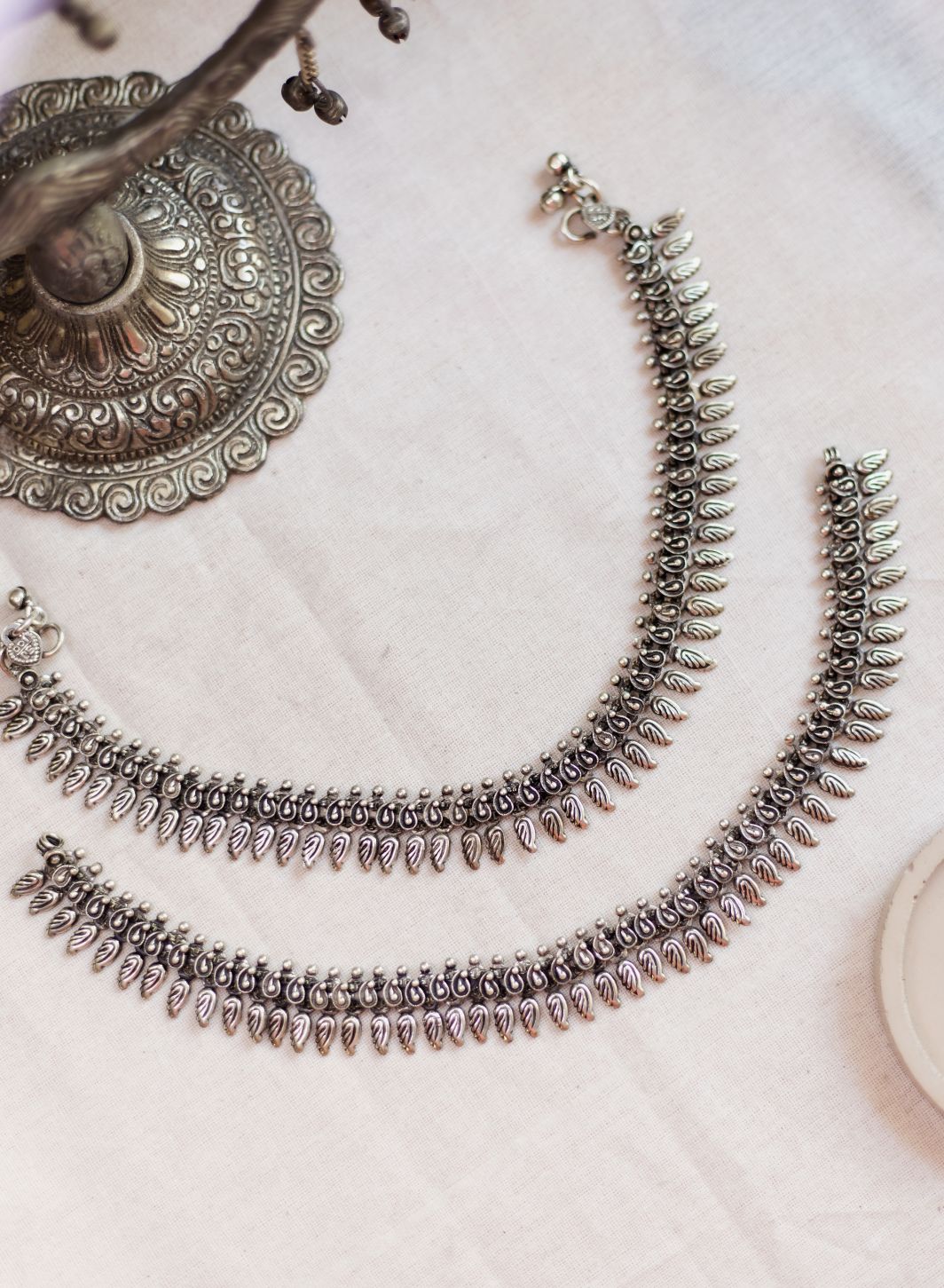Silver Finish tiny Mango motifs with feather droplets (PAIR)