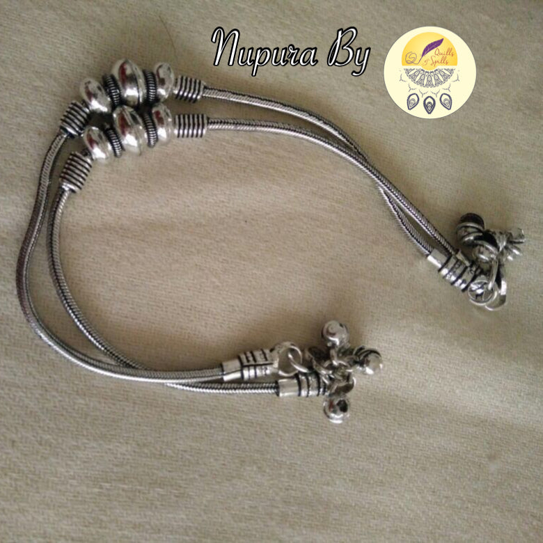 Silver Finish Chain Anklet - Semi round (Oval) beads (PAIR)