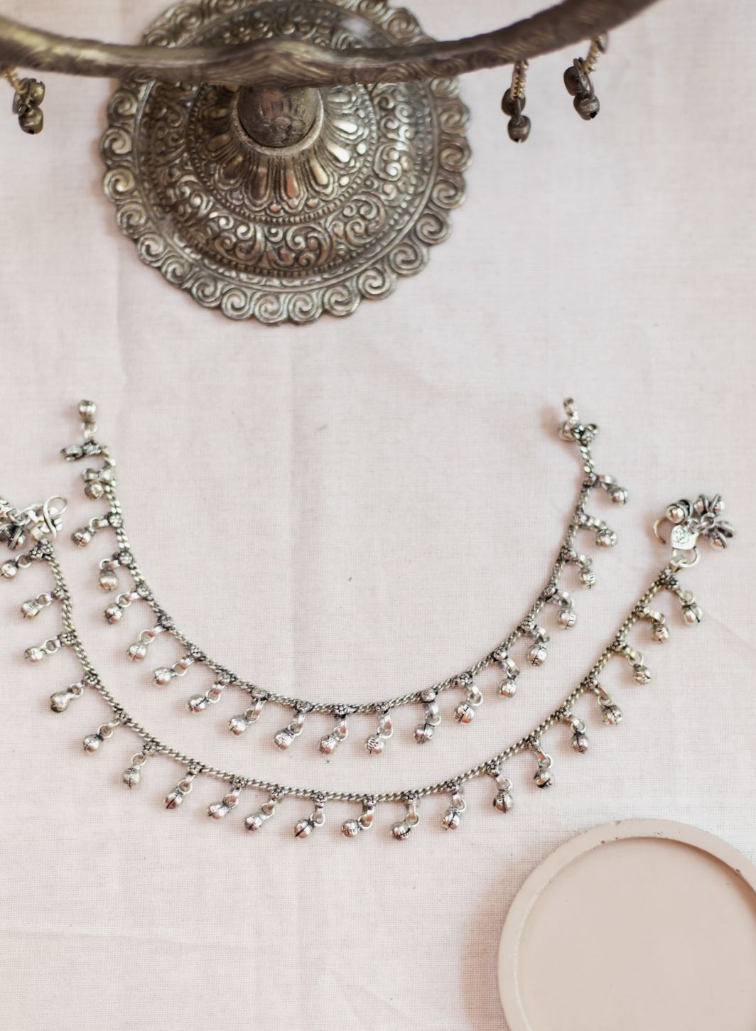 Silver Finish Dainty Anklet - Chain with sequence multi Ghunghroo muthu (PAIR)