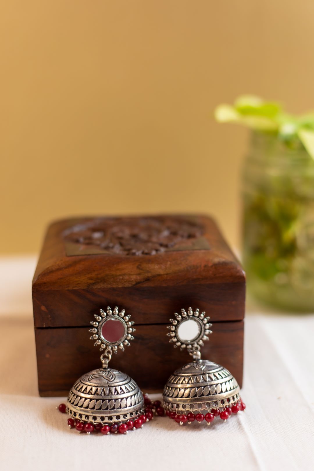 Oxidised Mirror Stud Jhumka- Maroon 1(E)