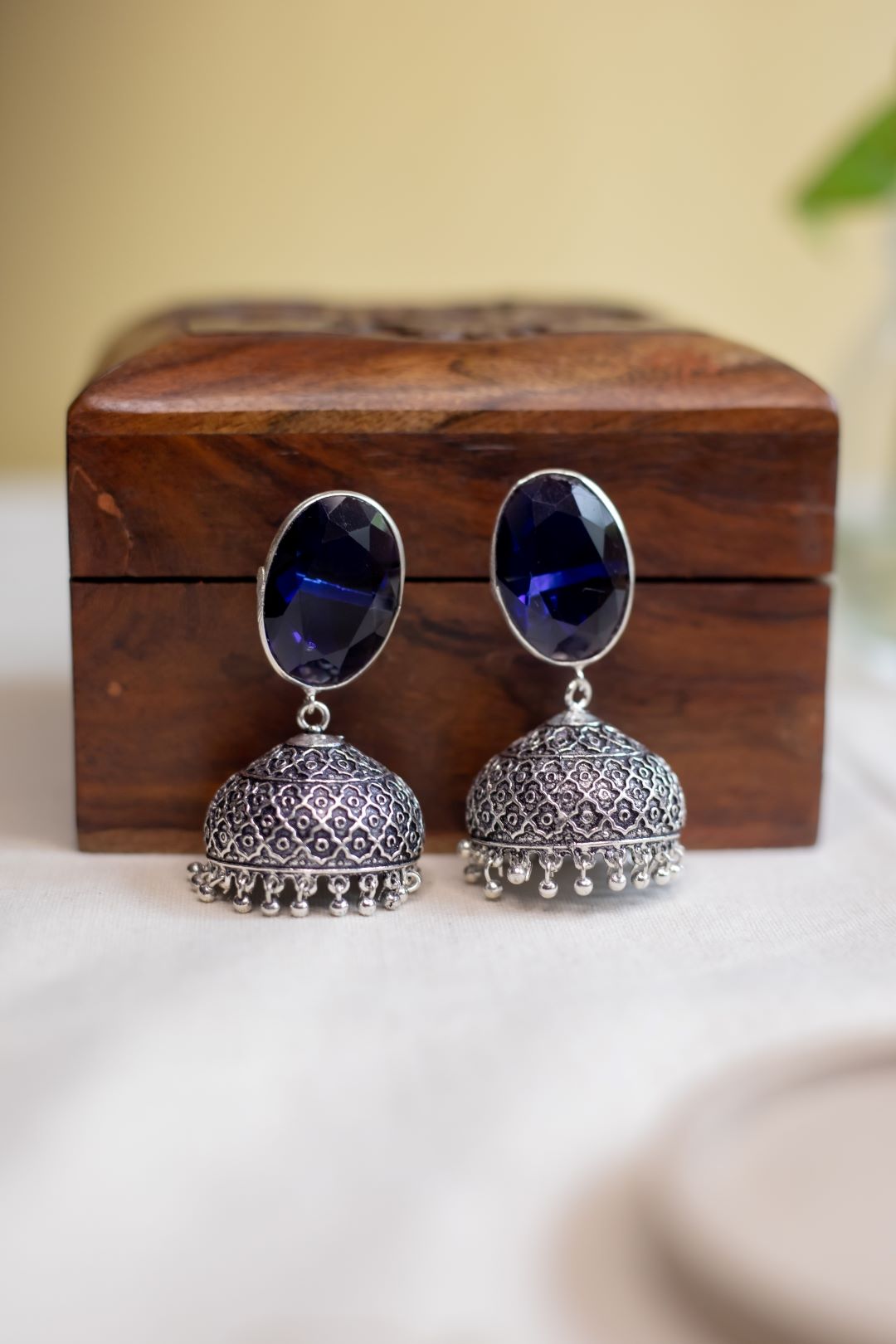 Oxidised Oval Stone Stud Jhumka- Sapphire Blue - 2(A)