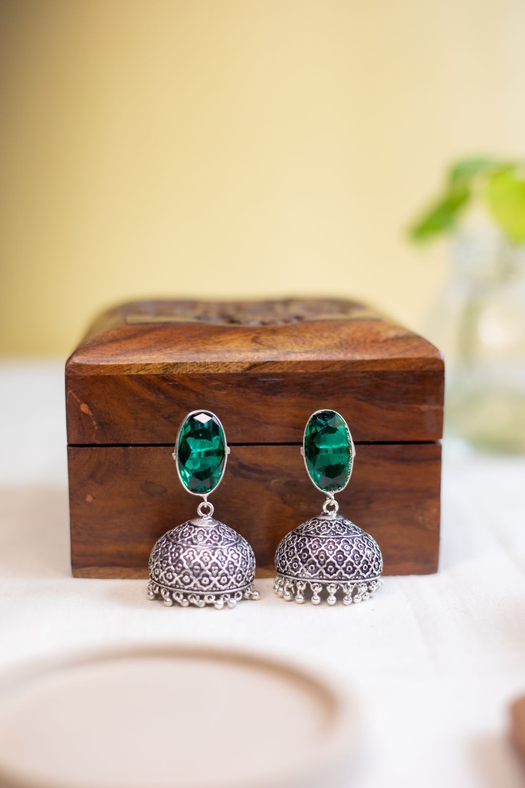 German Silver Stone Jhumka oval stud with big jhumka-2 (B)