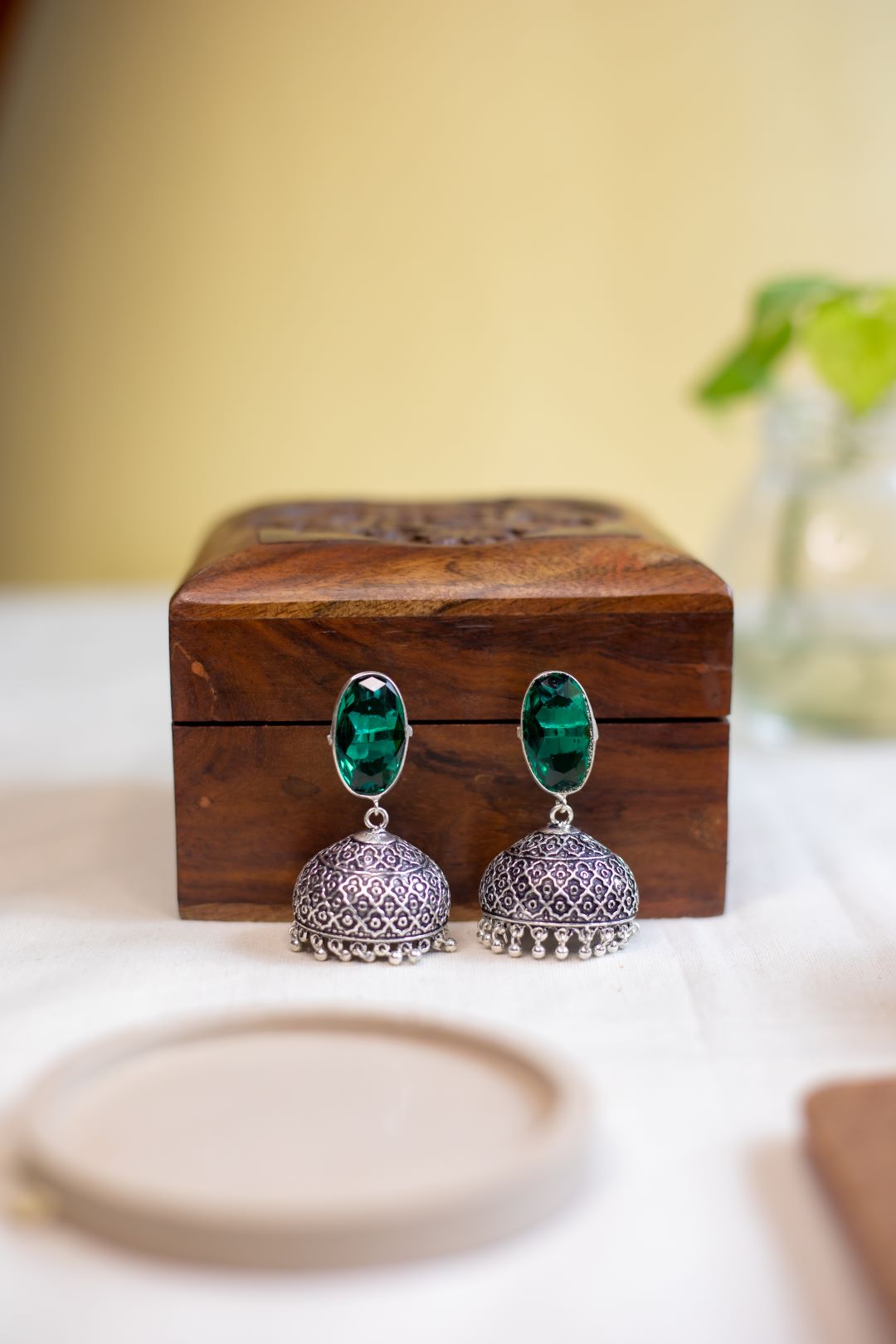 Oxidised Oval Stone Stud Jhumka- Emerald Green - 2(B)