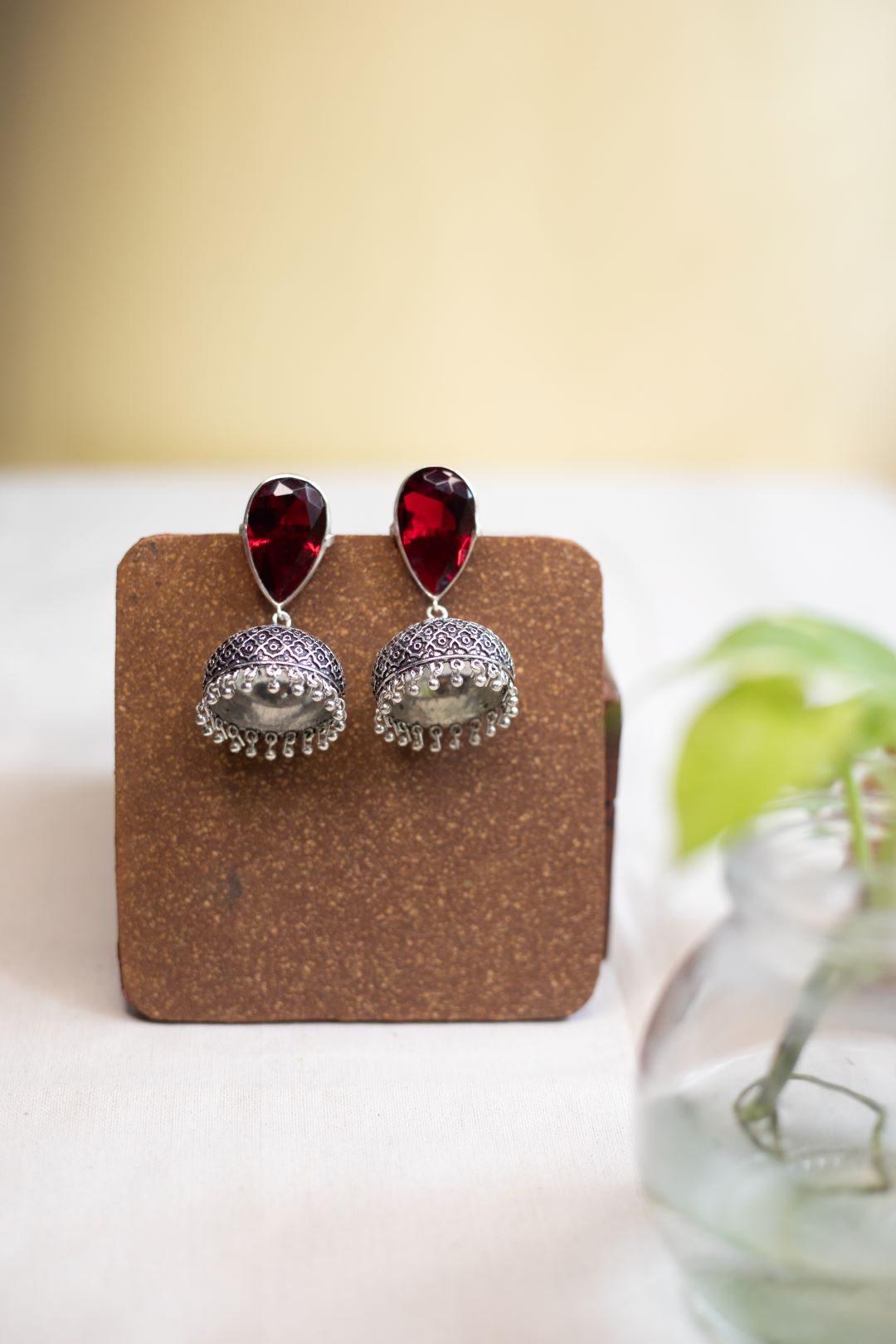 Oxidised Tear Drop Stone Stud Jhumka- Red
