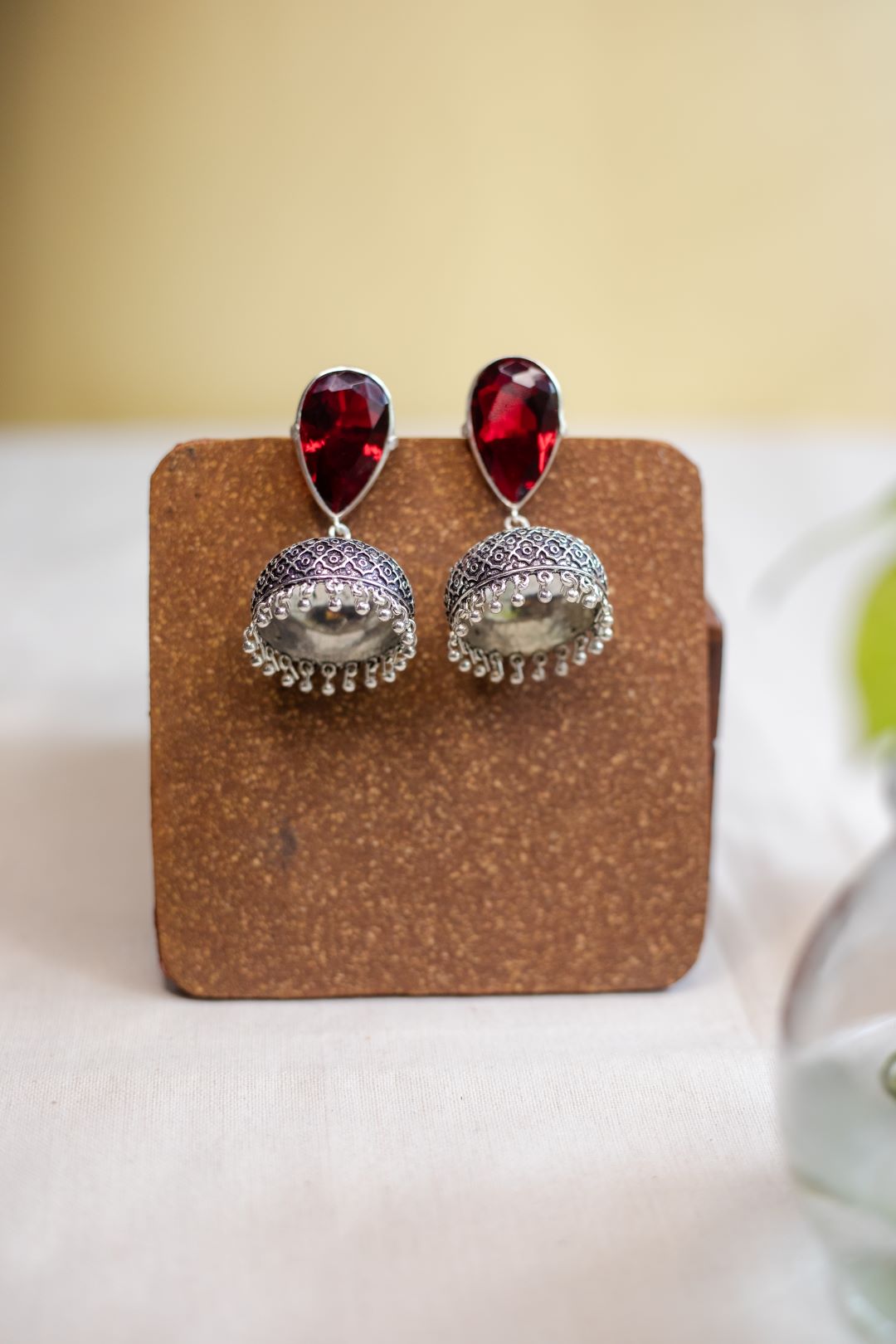 Oxidised Tear Drop Stone Stud Jhumka- Red
