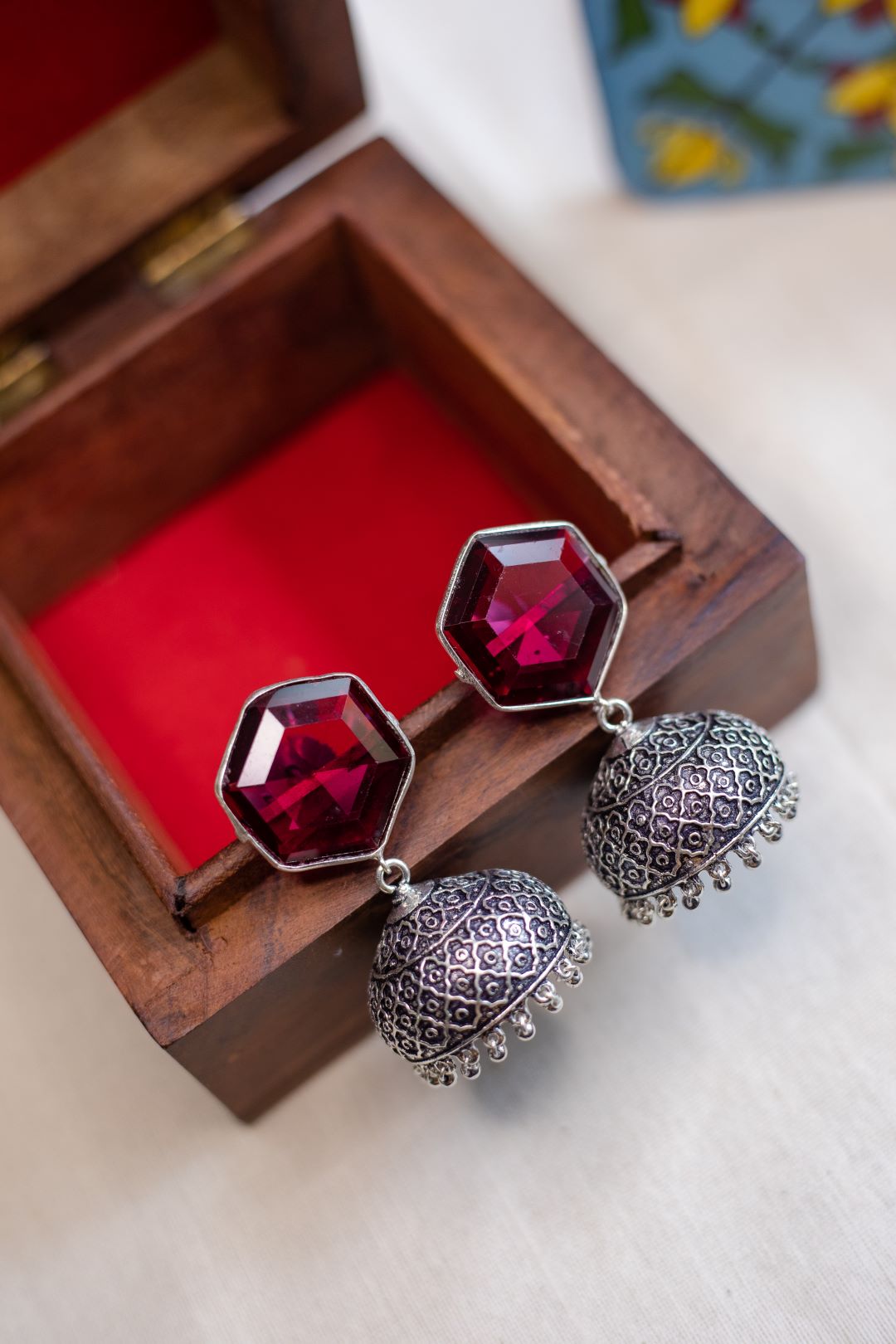 Oxidised Hexagon Stone Stud Jhumka- Wine