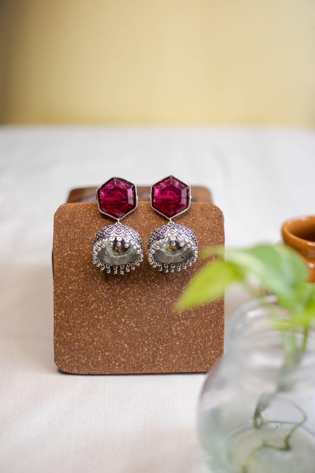 German Silver Stone Jhumka- Hexagon stud with big jhumka
