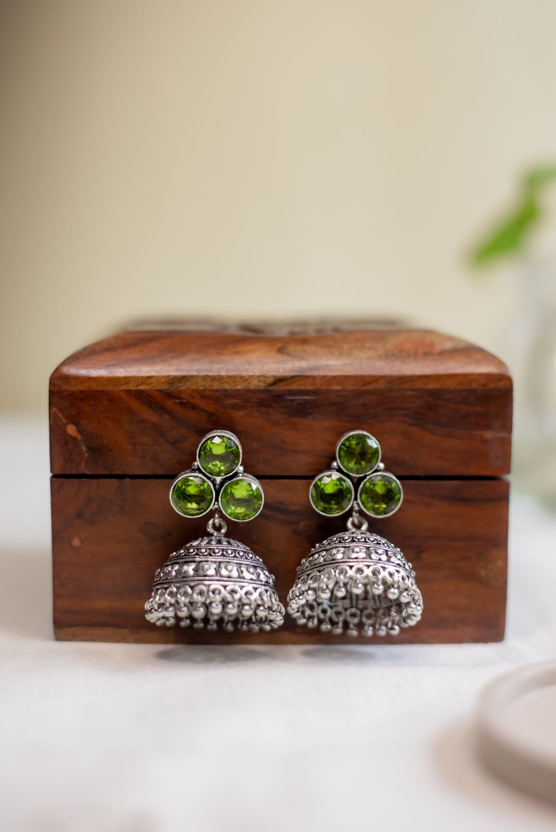 Oxidised Three Stone Jhumka- Olive Green-5(A)
