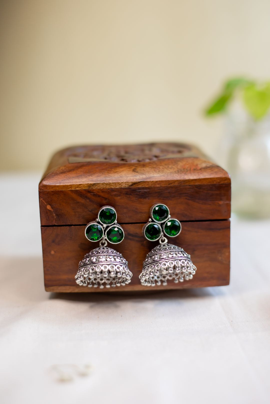 Oxidised Three Stone Jhumka- Dark Green-5(B)
