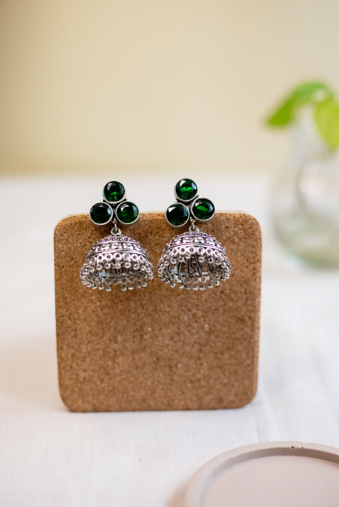 Oxidised Three Stone Jhumka- Dark Green-5(B)