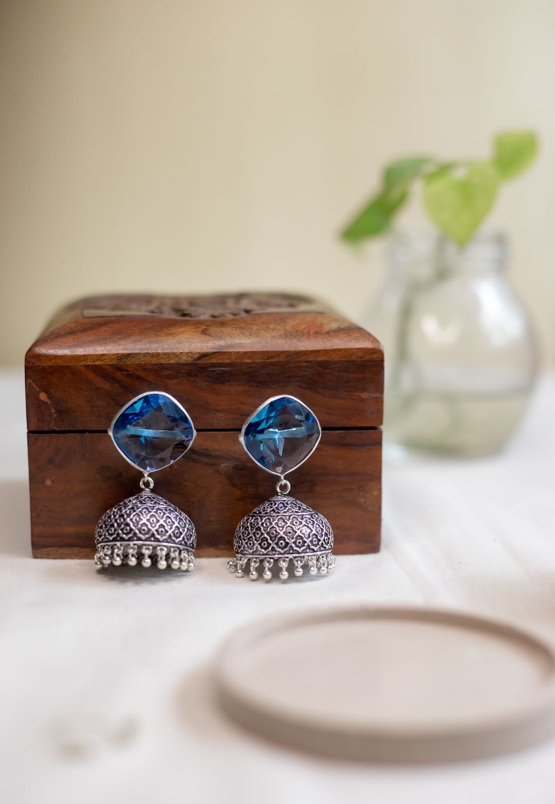 Oxidised Diamond Stone Stud Jhumka- Sea Blue