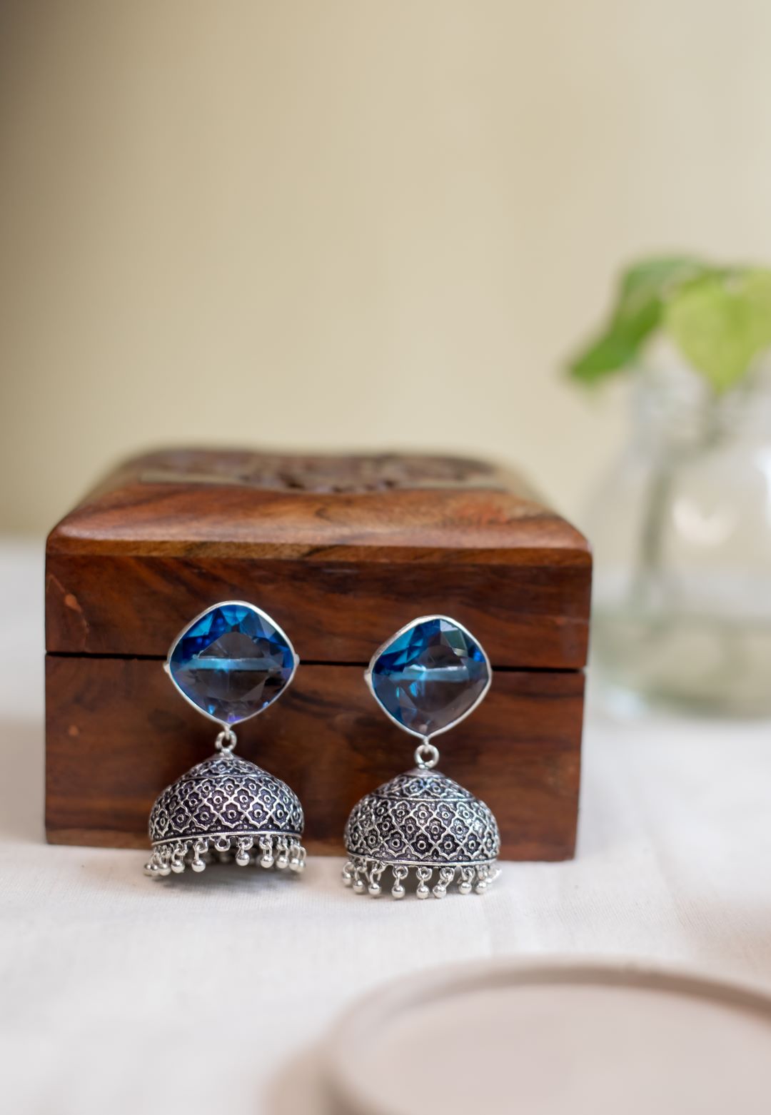 Oxidised Diamond Stone Stud Jhumka- Sea Blue