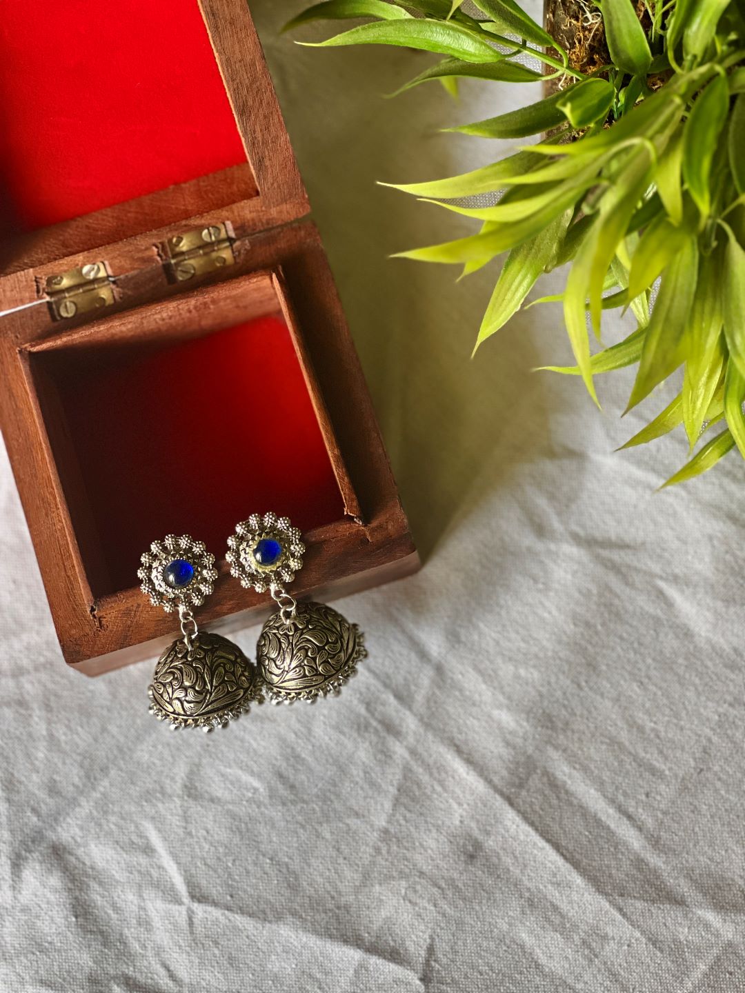 Oxidised Single Stone Flower Jhumka - Dark Blue 7(A)