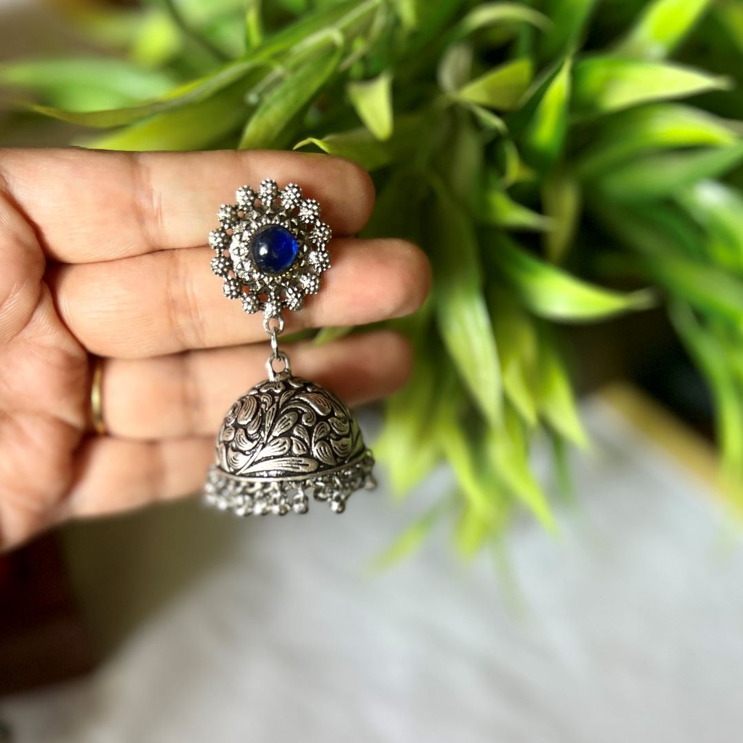 Oxidised Single Stone Flower Jhumka - Dark Blue 7(A)