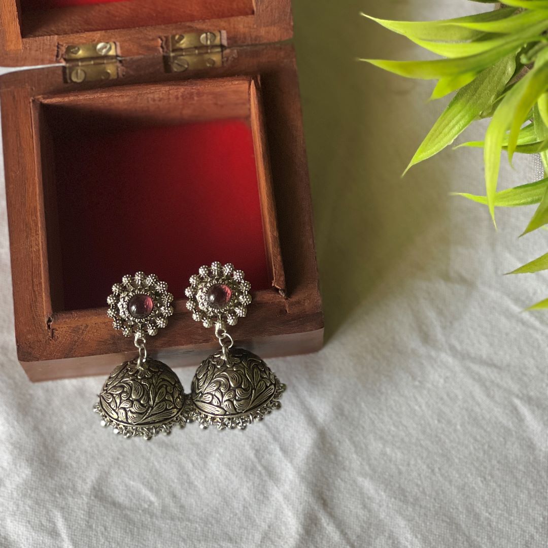 Oxidised Single Stone Flower Jhumka - Wine 7(B)