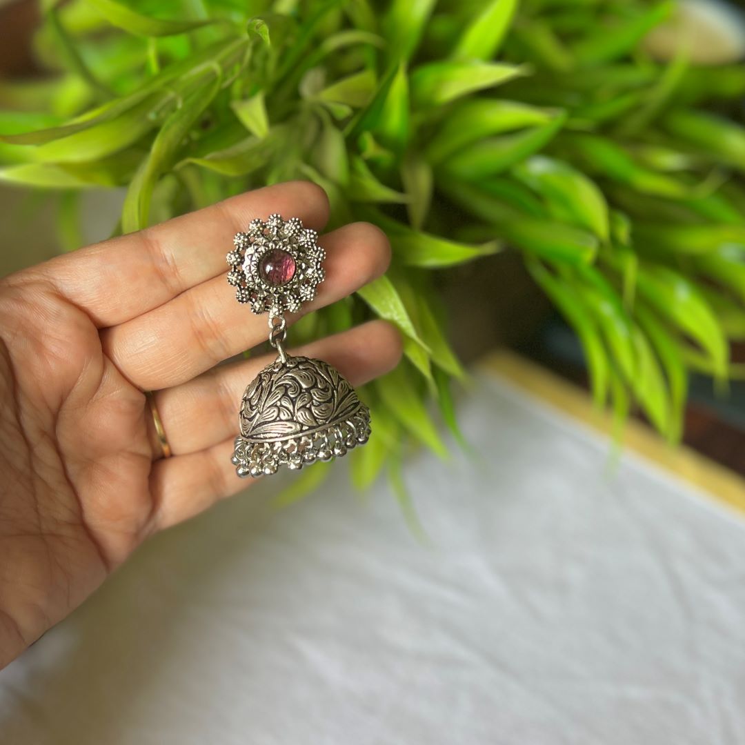 Oxidised Single Stone Flower Jhumka - Wine 7(B)