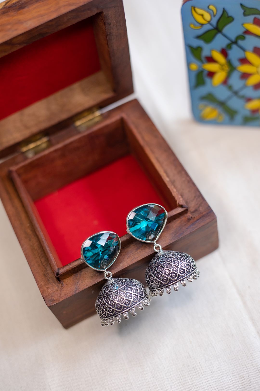 Oxidised Reverse Tear Drop Stone Jhumka- Aqua Blue