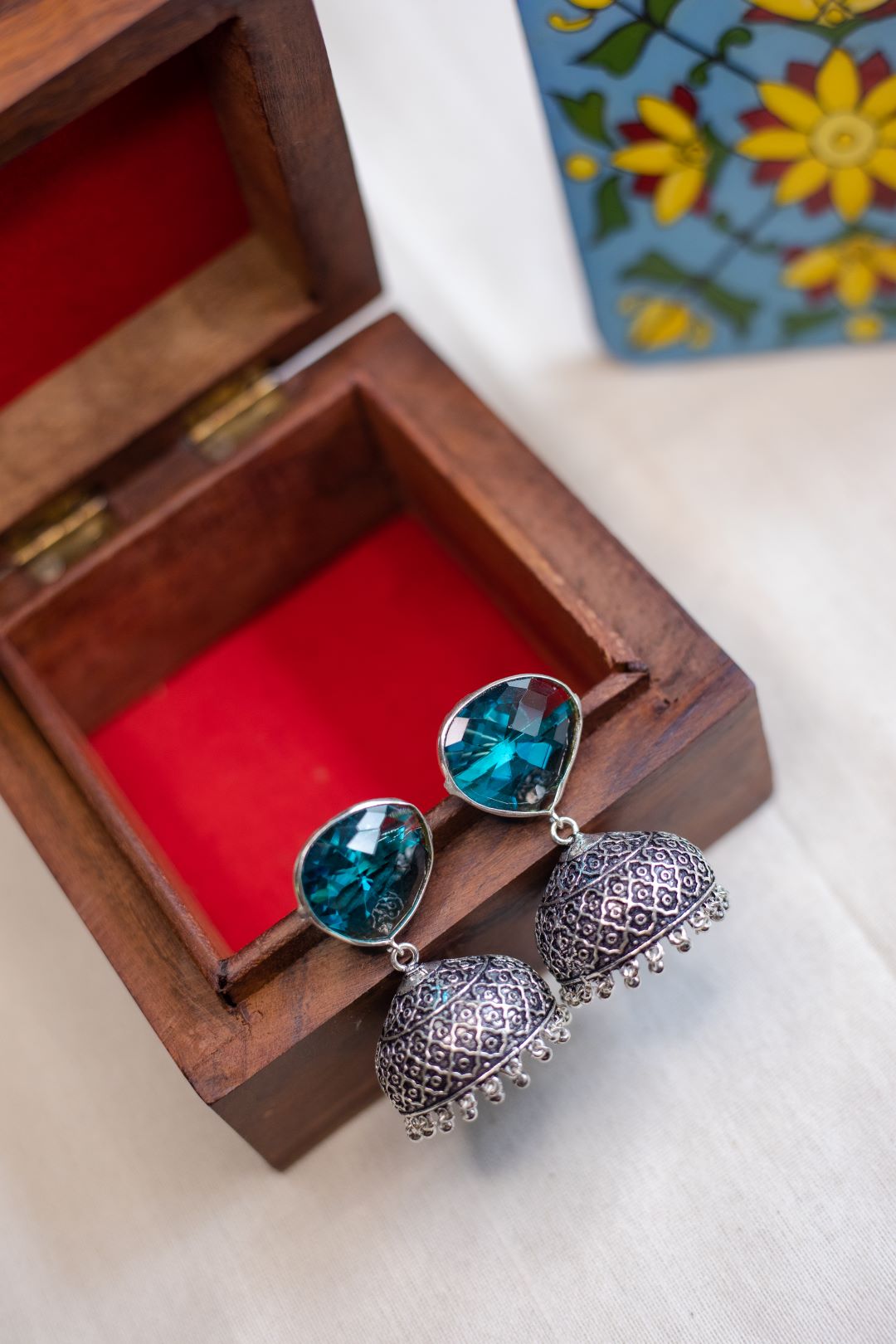 Oxidised Reverse Tear Drop Stone Jhumka- Aqua Blue