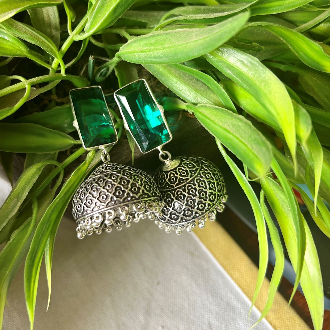 Oxidised Rectangle Stone Jhumka- Green 9(A)