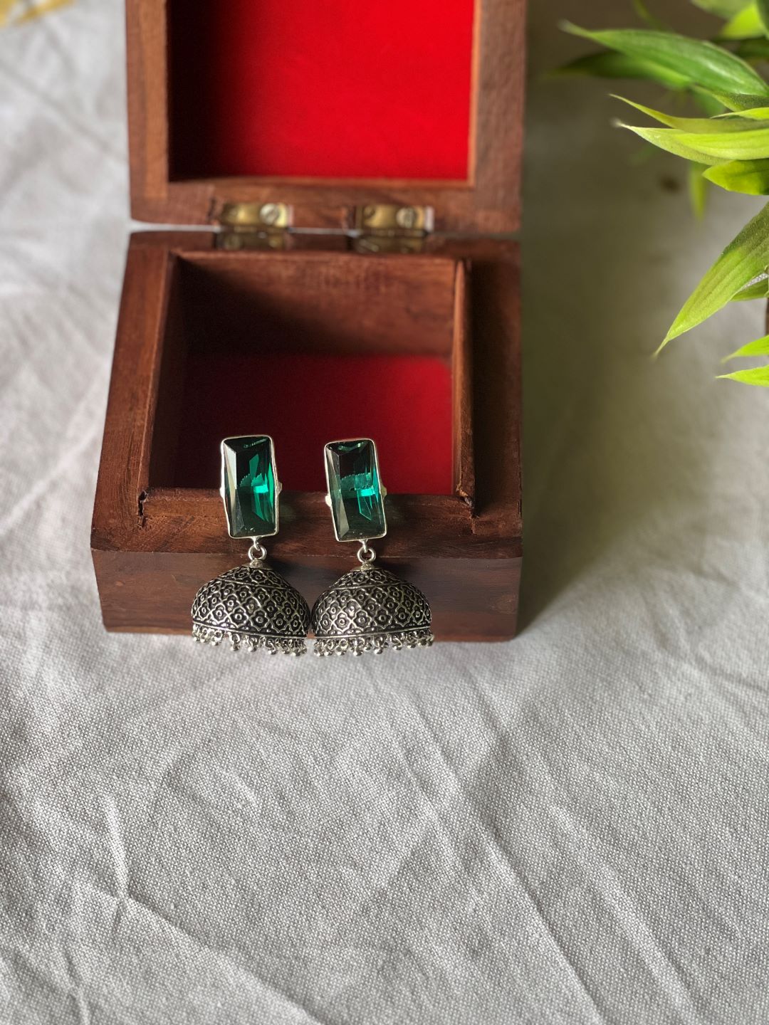 Oxidised Rectangle Stone Jhumka- Green 9(A)
